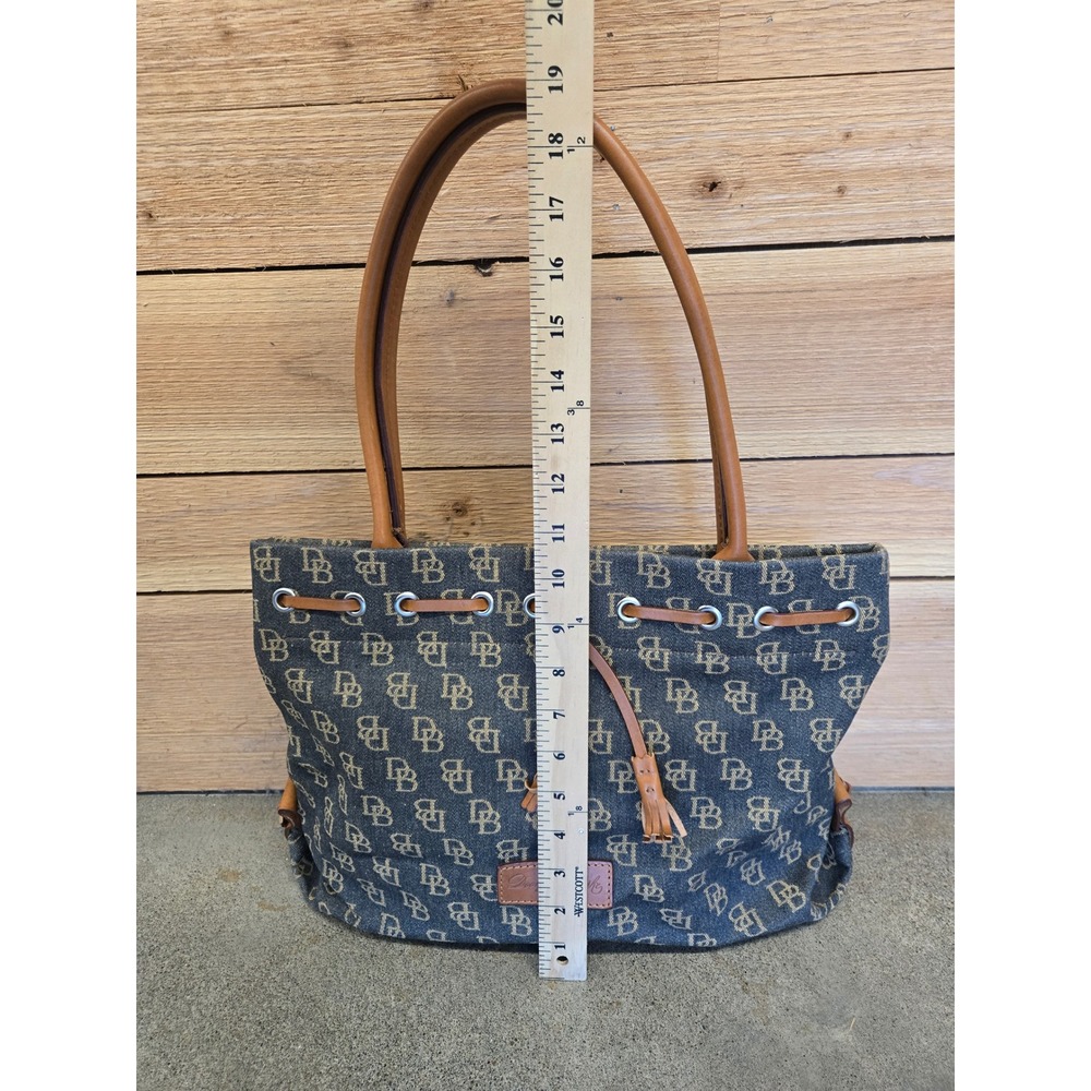 Dooney & Bourke Monogram Denim Canvas Leather Tassel Drawstring Tote Bag OS - Picture 4 of 9